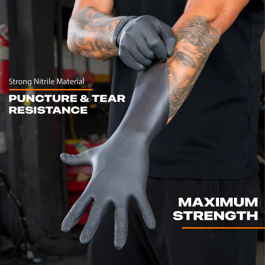 8 Mil Black Nitrile Gloves – Heavy Duty, 3D Raised Diamond Texture Grip – Industrial Mechanic, Food Grade – Disposable