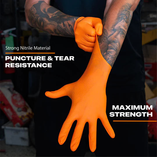 8 Mil Orange Nitrile Gloves–Heavy Duty, 3D Raised Diamond Texture Grip–Industrial Mechanic, Food Grade–Disposable