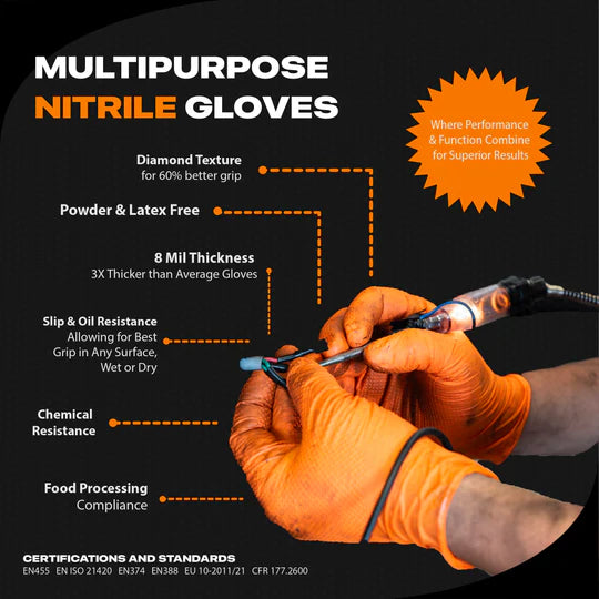 8 Mil Orange Nitrile Gloves–Heavy Duty, 3D Raised Diamond Texture Grip–Industrial Mechanic, Food Grade–Disposable