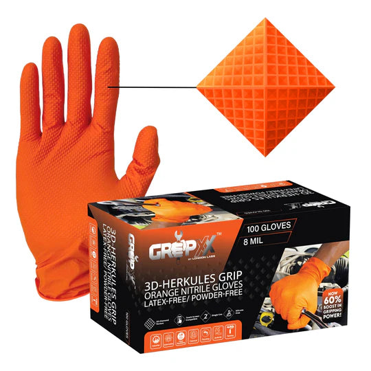 8 Mil Orange Nitrile Gloves–Heavy Duty, 3D Raised Diamond Texture Grip–Industrial Mechanic, Food Grade–Disposable