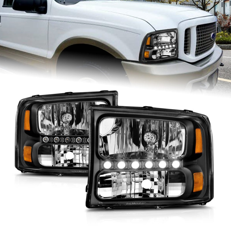 ANZO 2000-2004 Ford Excursion Crystal Headlights with Black Housing and LED Strip