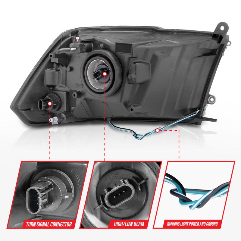 ANZO 2009-2018 Dodge Ram 1500 Crystal Headlight Set with Light Bar, Black Housing, Clear Lens