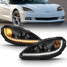 Load image into Gallery viewer, ANZO 2005-2013 Chevy Corvette Projector Headlight Set with Halo and Switchback - Black Housing with Amber Accents