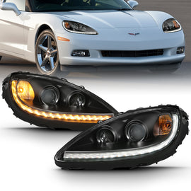 ANZO 2005-2013 Chevy Corvette Projector Headlight Set with Halo and Switchback - Black Housing with Amber Accents