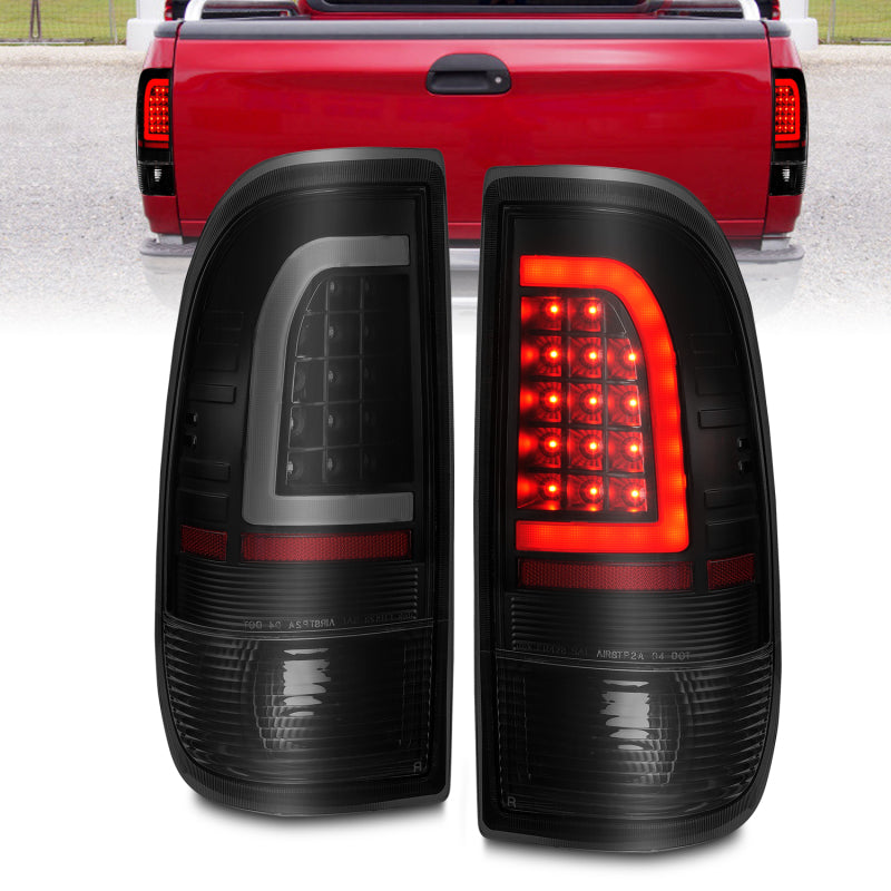 ANZO 1997-2003 Ford F-150 LED Tail Light Assembly with Light Bar - Black Housing Smoke Lens Pair