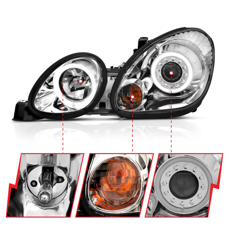 ANZO 1998-2005 Lexus GS300 & GS430 Projector Headlights with Halo, Chrome Housing, Clear Lens, Pair