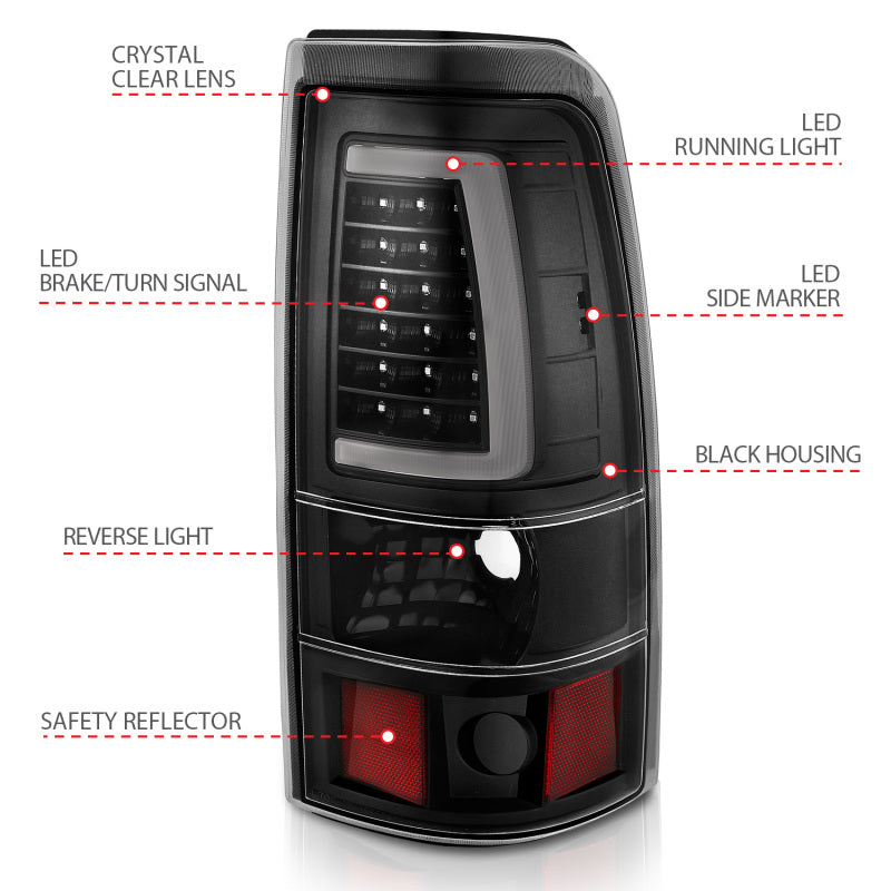 ANZO 1999-2002 Chevy Silverado 1500 LED Tail Light Assembly with Clear Lens and Black Housing