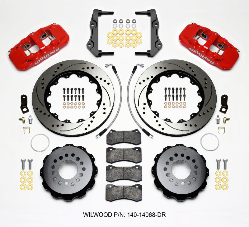Wilwood AERO4 Rear Brake Kit for 2014-Up Dodge Challenger with 14.25-inch Drilled Rotors and Red Finish