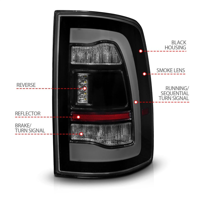 ANZO 09-18 Dodge Ram 1500 Sequential LED Tail Lights with Smoke Black Housing and Switchback Amber Signal