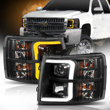 Load image into Gallery viewer, ANZO 07-13 Chevrolet Silverado Plank Style Projector Headlights with Amber Accents, Black Pair – Part Number anz111410