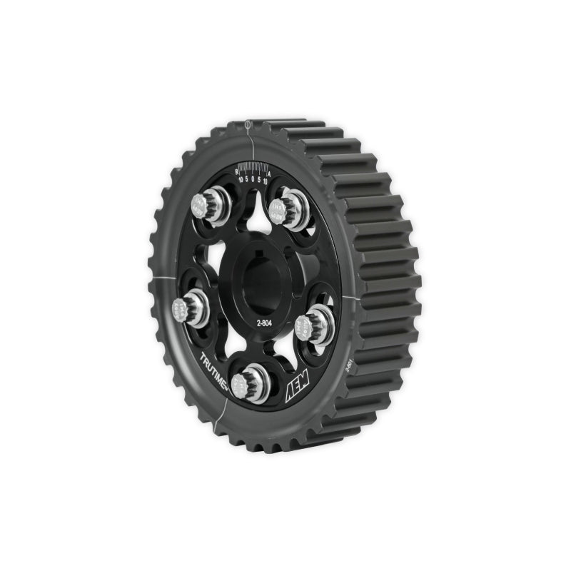 AEM Tru-Time Adjustable Camshaft Gear for Honda D16 Engines - Black Anodized, 5-Bolt Design