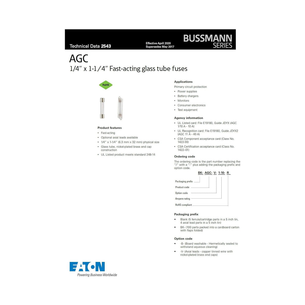 Bussmann AGC-10 AGC Series Fuse, Fast Acting, 10 Amp, 250V, Glass Tube, 1/4" x 1-1/4" (Pack of 5)
