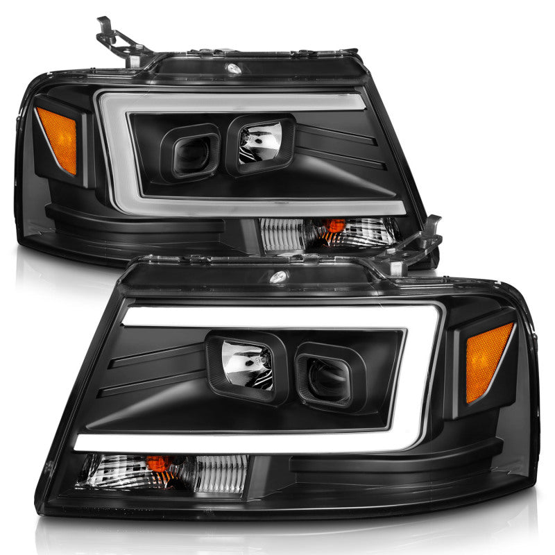 ANZO 2004-2008 Ford F-150 Projector Headlights with Light Bar, Black Housing - Pair