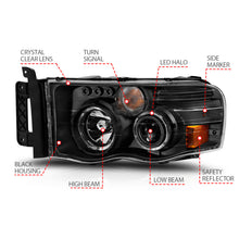 Load image into Gallery viewer, ANZO 2002-2005 Dodge Ram 1500 Projector Headlights with Halo - Black Housing, Clear and Amber Lenses (Pair)