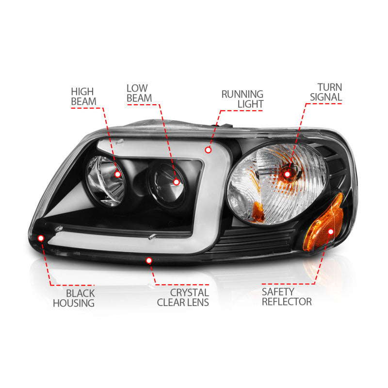 ANZO 1997-2003 Ford F-150 Projector Headlights with Light Bar - Black Housing and Clear Lens