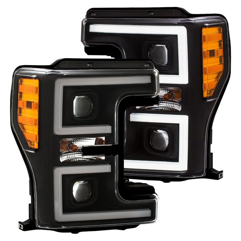 ANZO LED Headlights for 2017-2018 Ford F-250 and F-350 Super Duty – Black Plank-Style with Amber Switchback, Pair