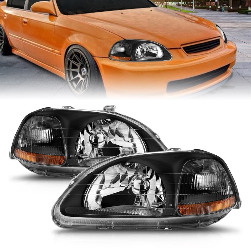 ANZO 1996-1998 Honda Civic Crystal Headlights with Black Housing – Clear Lens Pair
