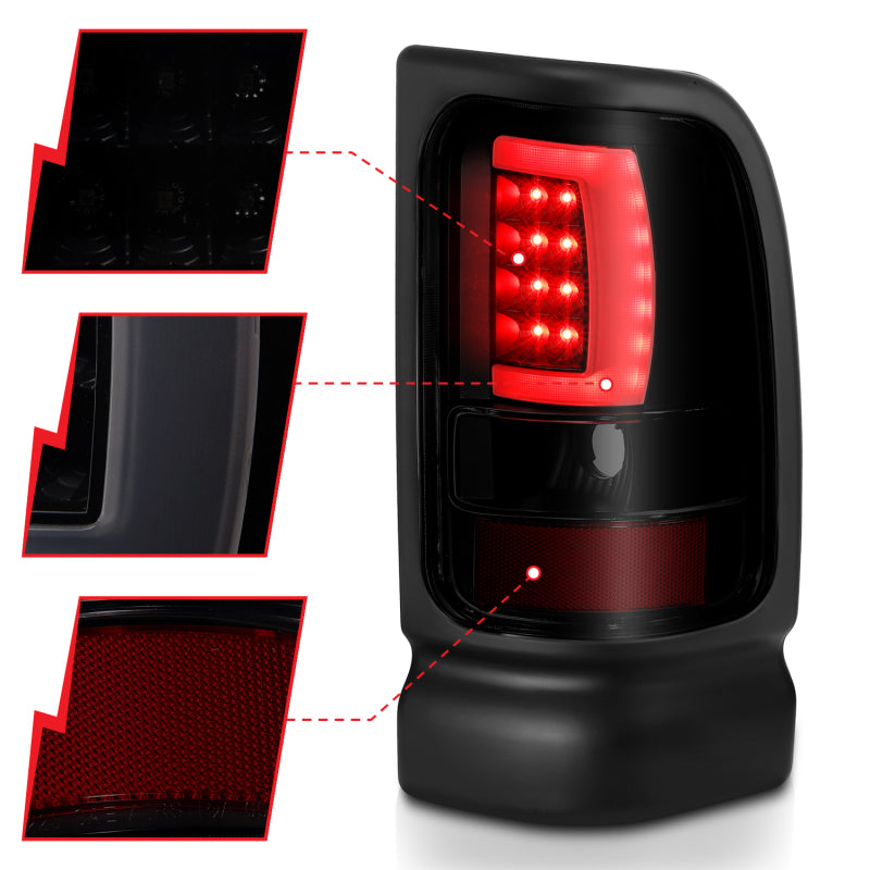ANZO 1994-2001 Dodge Ram LED Tail Light Assembly with Smoke Lens – Plank Style, Black Housing, Pair