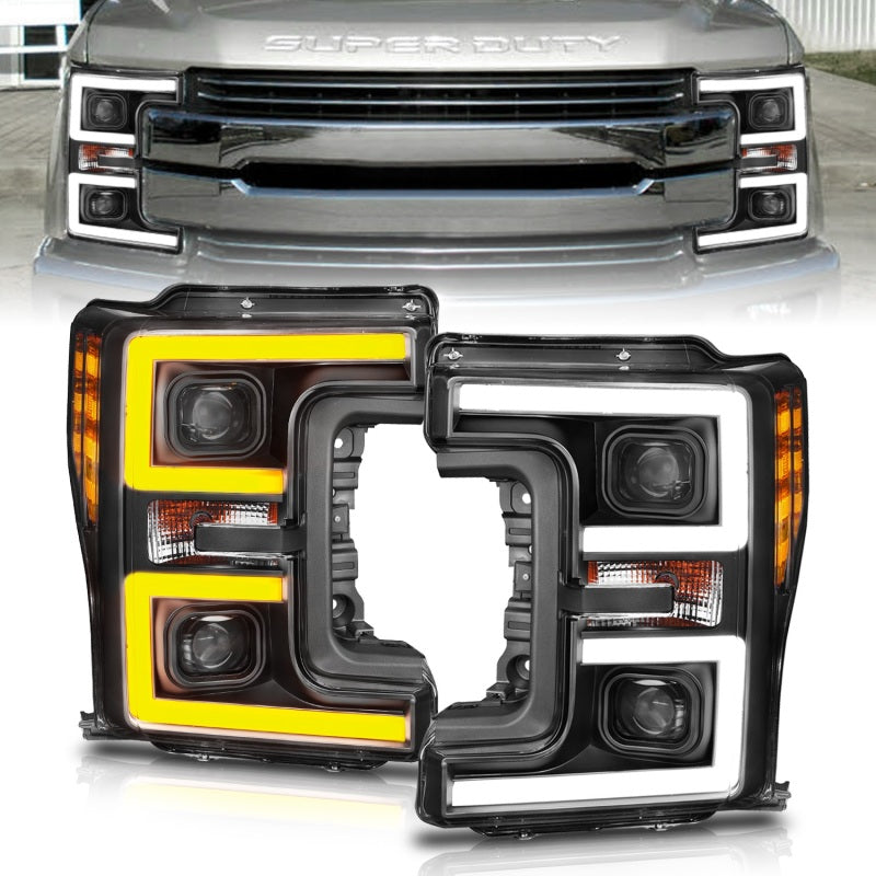 ANZO LED Headlights for 2017-2018 Ford F-250 and F-350 Super Duty – Black Plank-Style with Amber Switchback, Pair