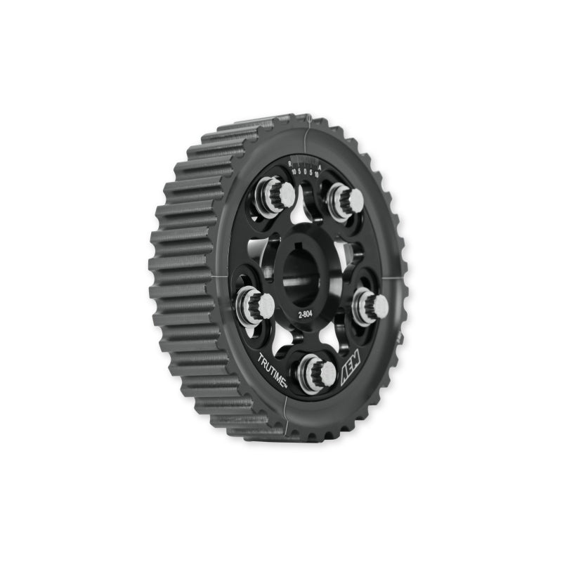 AEM Tru-Time Adjustable Camshaft Gear for Honda D16 Engines - Black Anodized, 5-Bolt Design
