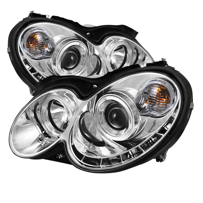 Spyder Mercedes-Benz CLK 2003-2009 Projector Halogen Headlights with LED Halo DRL - Chrome, Part Number PRO-YD-MBCLK03-DRL-C