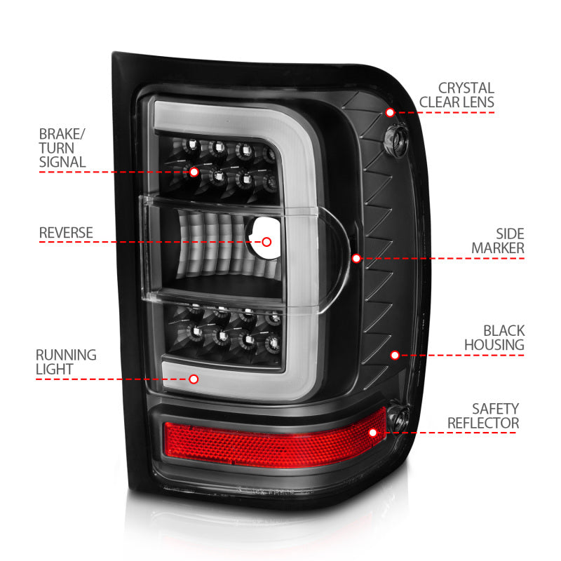 ANZO 2001-2011 Ford Ranger LED Tail Lights with Light Bar, Black Housing, Clear Lens