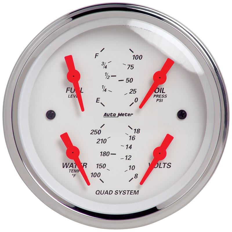 AutoMeter Arctic White 3-3/8 inch Quad Gauge Set with 100 PSI, 250°F, 8-18V Voltage, and Fuel Level Monitoring