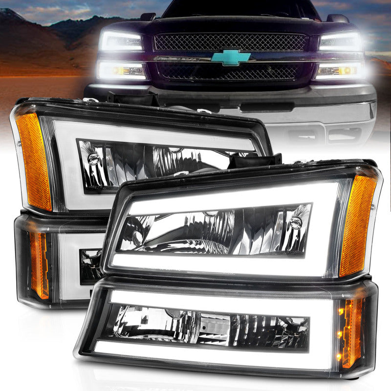 ANZO 2003-2006 Chevrolet Silverado 1500 Crystal Headlights with Light Bar, Black Housing and Clear Lens