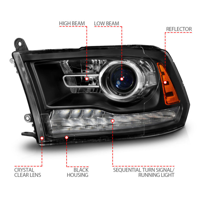 ANZO 09-18 Dodge Ram 1500/2500/3500 LED Plank Style Headlights with Switchback and Sequential Lighting - Matte Black Housing