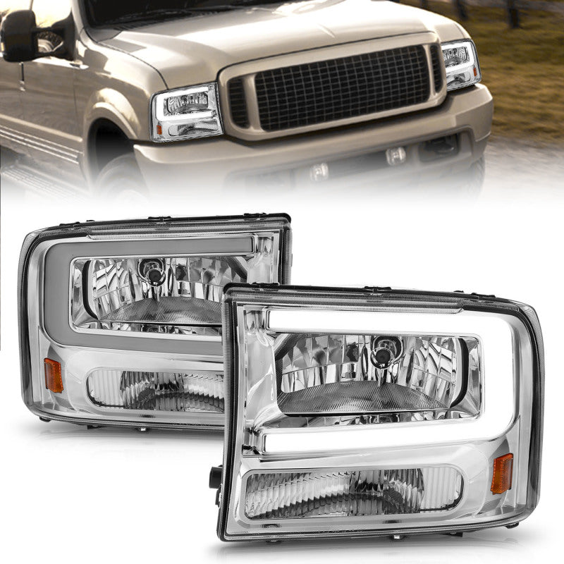 ANZO Crystal Headlights with Light Bar for 2002-2004 Ford F-250 Super Duty — Chrome Housing, Clear Lens, Pair