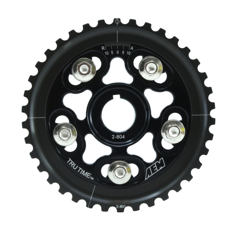AEM Tru-Time Adjustable Camshaft Gear for Honda D16 Engines - Black Anodized, 5-Bolt Design