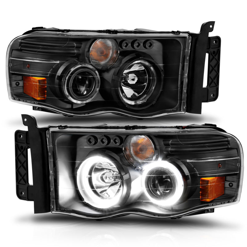 ANZO 2002-2005 Dodge Ram 1500 Projector Headlights with Halo - Black Housing, Clear and Amber Lenses (Pair)