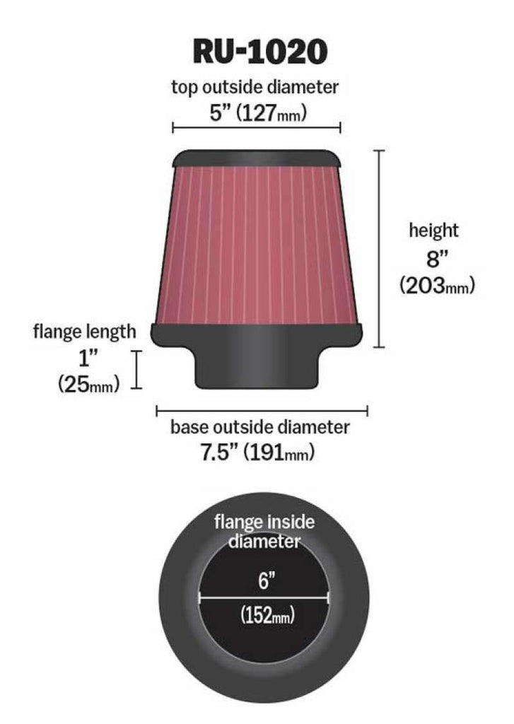 K&N Engineering Universal Tapered Air Filter Part #KNNRU-1020 - 6-inch Flange, 8-inch Height, Reusable and Washable for Automotive and Equipment Applications