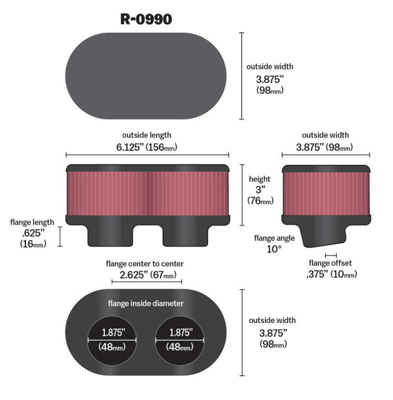 K&N Engineering Universal Rubber Air Filter Part #knnR-0990 for Automotive and Equipment Applications