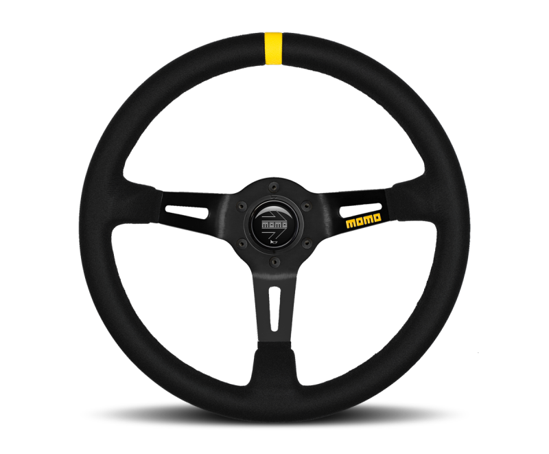 MOMO MOD08 350mm Black Suede Steering Wheel with Black Spokes and One Stripe