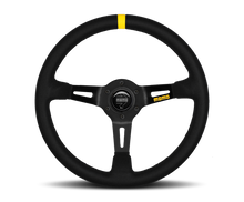 Load image into Gallery viewer, MOMO MOD08 350mm Black Suede Steering Wheel with Black Spokes and One Stripe
