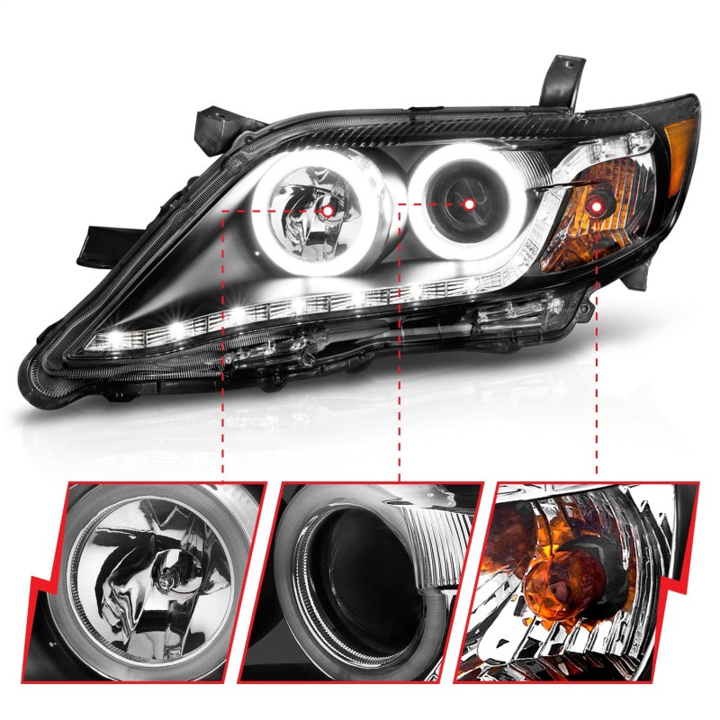 ANZO 2010-2011 Toyota Camry Projector Headlights with Halo - Black Housing, Clear Lens, CCFL
