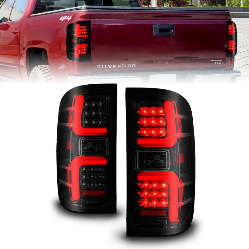 ANZO 15-19 Chevrolet Silverado LED Taillight with Sequential Light Bar and Smoke Lens, Black Housing – Pair