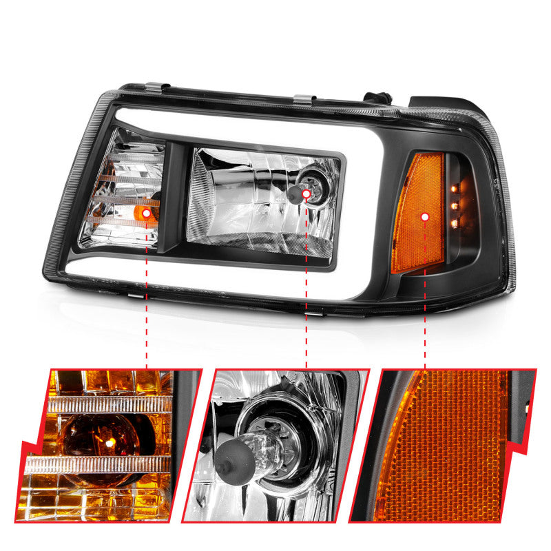 ANZO 2001-2011 Ford Ranger Crystal Headlights with Light Bar, Black Housing and Clear Lens