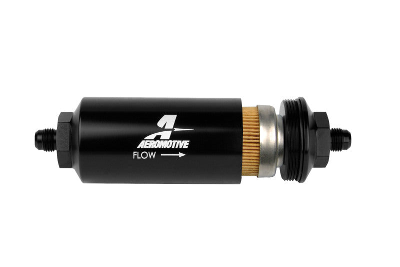 Aeromotive In-Line Filter with 10 Micron Fabric Element, AN-06 Male, Bright Dip Black Finish