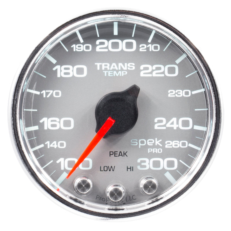 AutoMeter Spek-Pro Transmission Temperature Gauge 2 1/16 inch with Peak & Warning - Silver/Chrome
