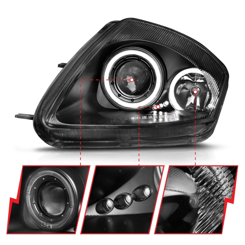 ANZO 2000-2005 Mitsubishi Eclipse Projector Headlights with Halo, Black Housing, Clear Lens - Pair