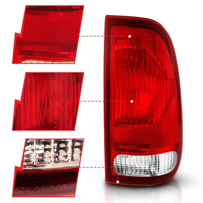 ANZO 377010 Tail Light Assembly for Ford F-150 and F-250 - Chrome Housing Red/Clear Lens – OE Replacement