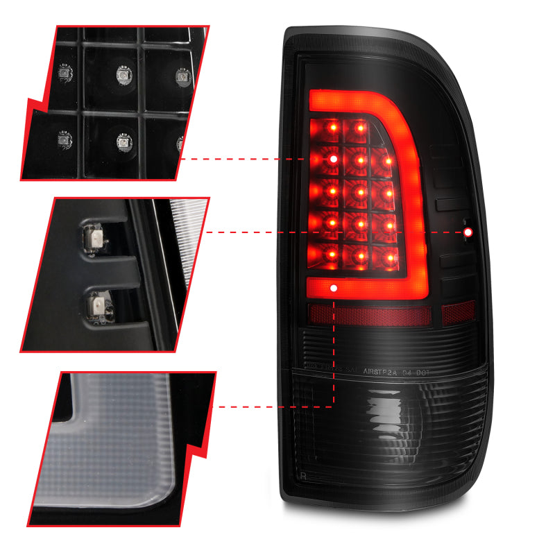 ANZO 1997-2003 Ford F-150 LED Tail Light Assembly with Light Bar - Black Housing Smoke Lens Pair