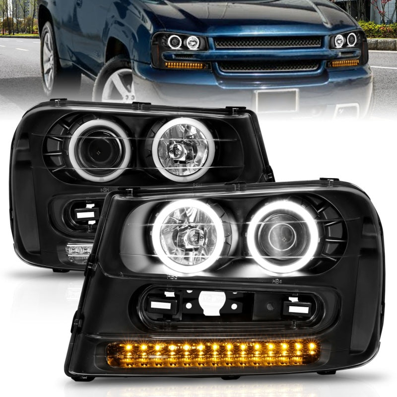 ANZO 2002-2009 Chevrolet Trailblazer Projector Headlights with Halo - Black Housing, Clear Lens, LED Turn Signal & Parking, Pair