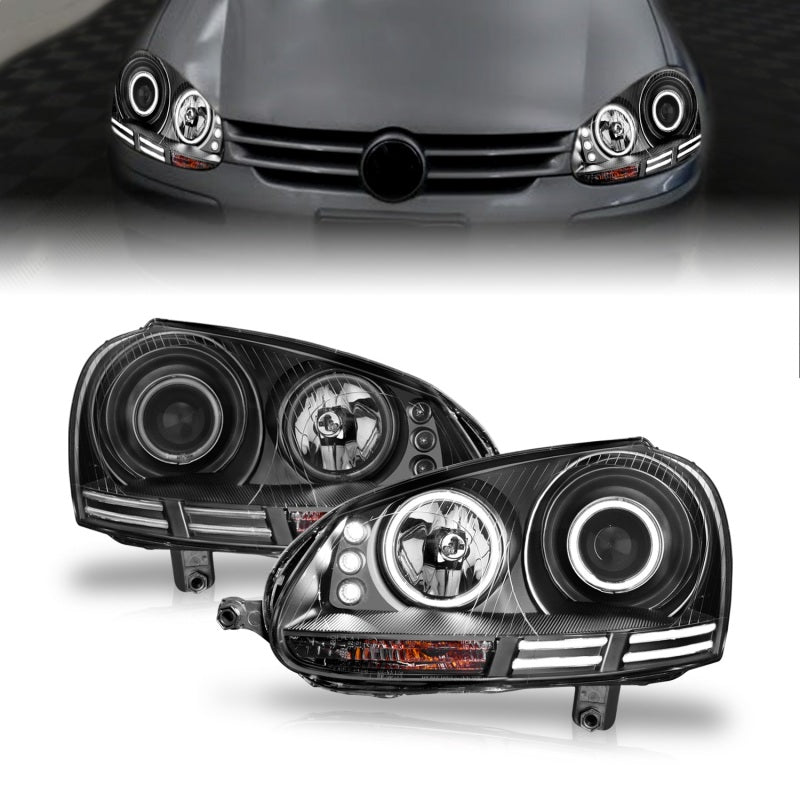 ANZO 2006-2009 Volkswagen Rabbit Projector Headlights with Halo - Black Housing, Clear Lens, CCFL - Pair