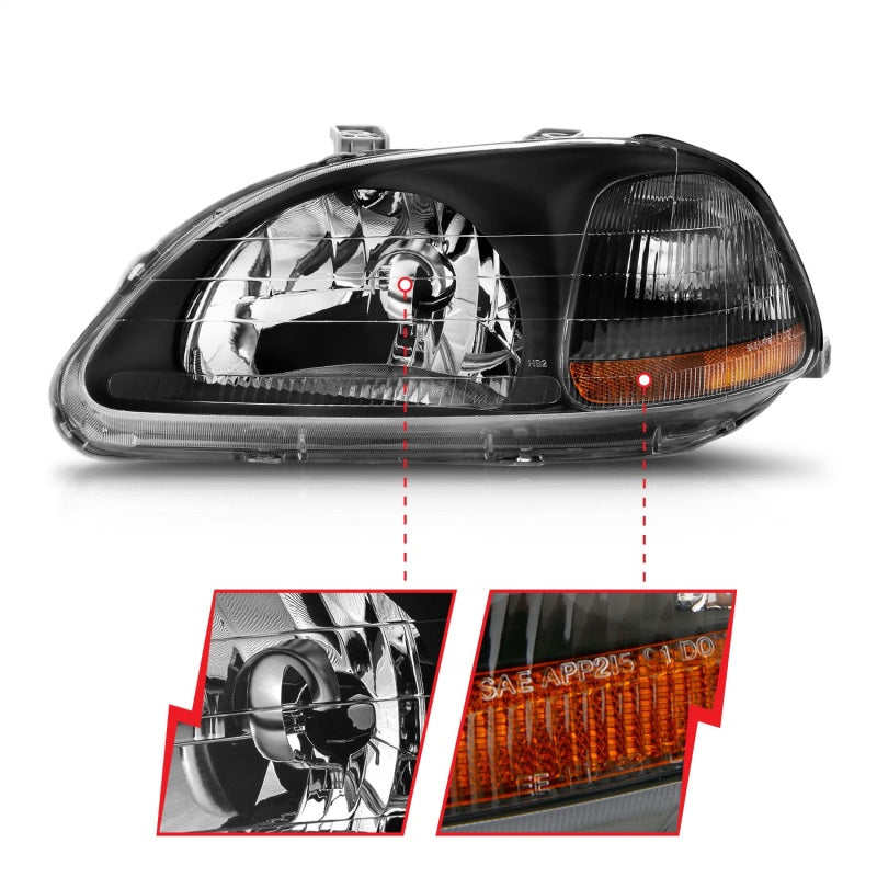 ANZO 1996-1998 Honda Civic Crystal Headlights with Black Housing – Clear Lens Pair