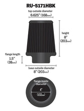Load image into Gallery viewer, K&amp;N Engineering Universal Rubber Round Tapered Air Filter - 4 inch Flange ID, 8 inch Base OD, 6.625 inch Top OD, 8 inch Height (Part Number: knnRU-5171HBK)