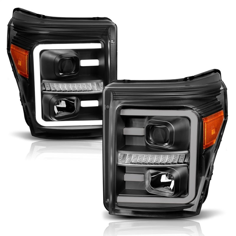 ANZO 2011-2016 Ford F250 Projector Headlights with Plank Style Switchback, Black with Amber – Pair