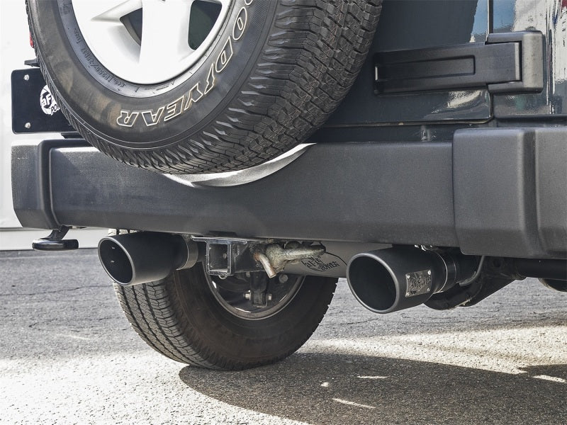 aFe Rebel Series 2.5-inch Dual Black Tip Cat-Back Exhaust System for Jeep Wrangler (2007-2018) with V6-3.6L/3.8L Engines